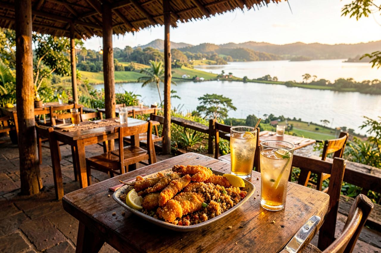 Prato de peixe frito na varanda do restaurante com vista para a represa